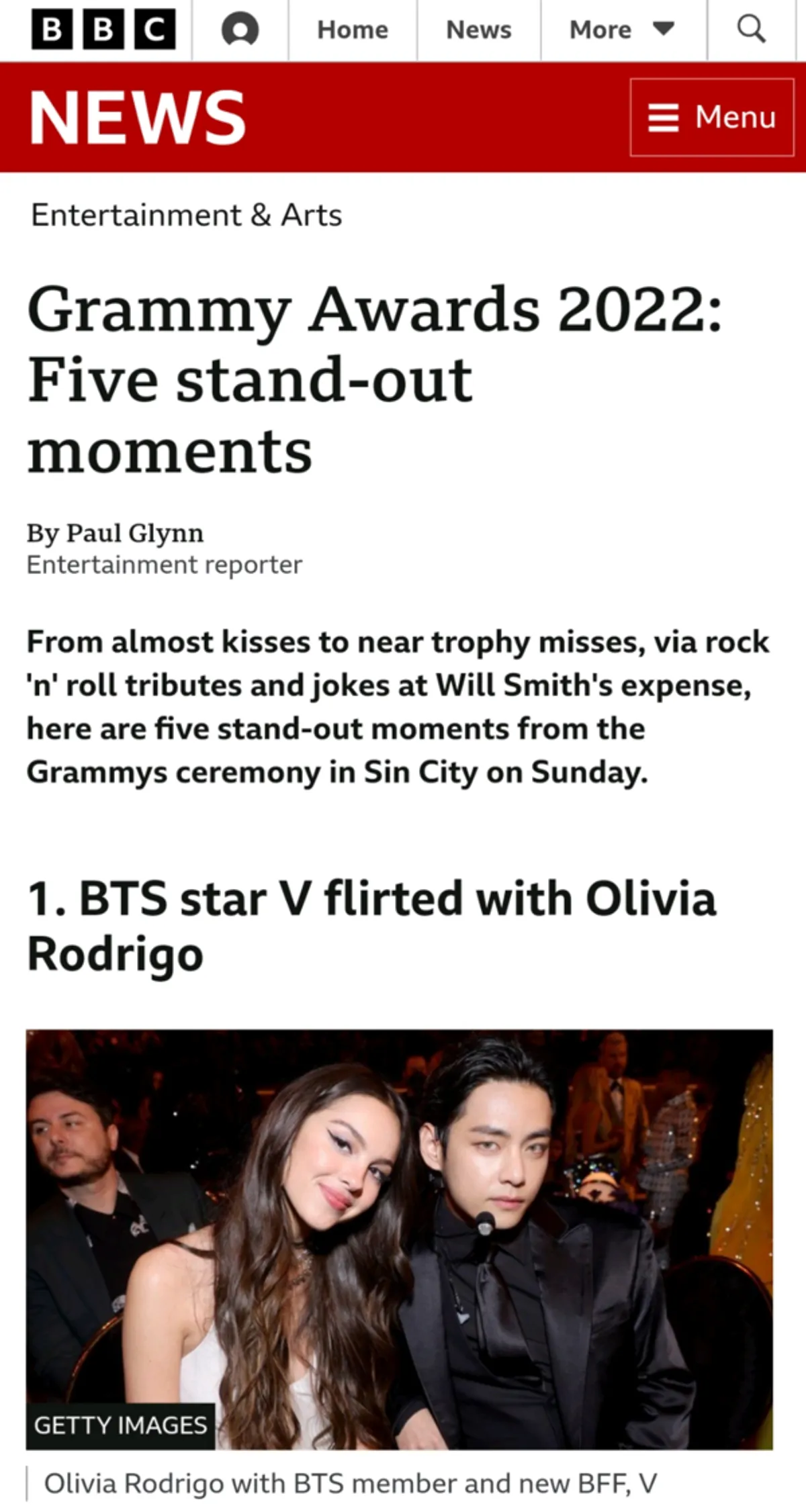 '그래미 최고의 순간 1위' BTS 뷔+올리비아, BBC 선정... '귓속말 유혹' 사진= 화면캡쳐 BBCⓒ케이 트렌디뉴스 무단전재 및 수집, 재배포금지